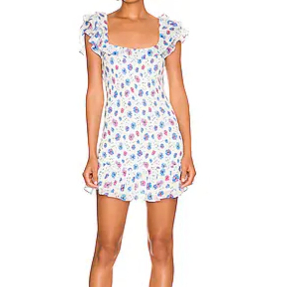 LoveShackFancy Floral Kodie Smocked Ruffle Mini Dress White Blue Pink Size L